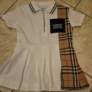Burberry Kids White Polo Dress with Tan Plaid Accent